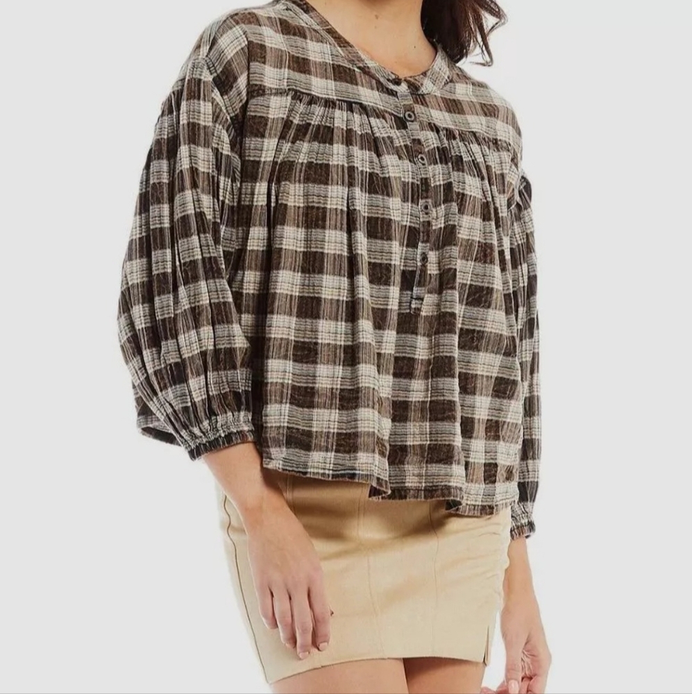 Free People We The Free Jessi Plaid Henley Top Brown Sz XS
